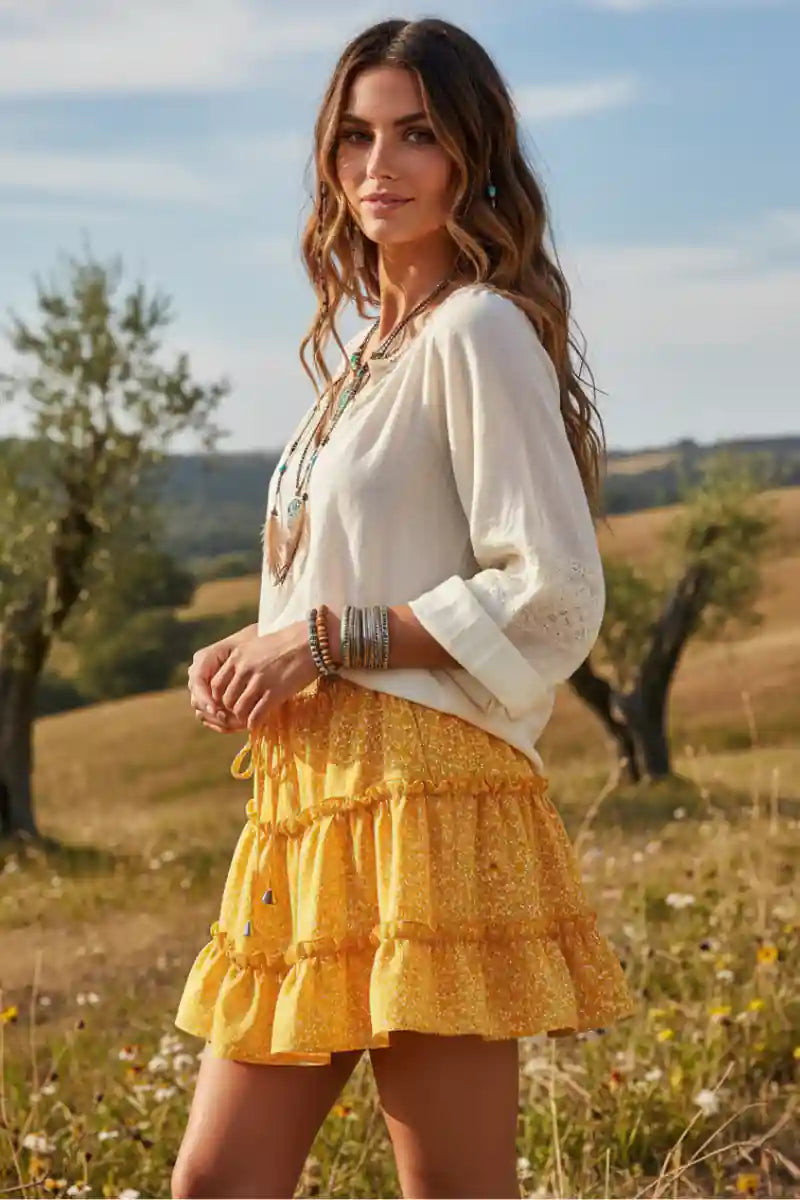 Boho Yellow Ruffle Mini Skirt