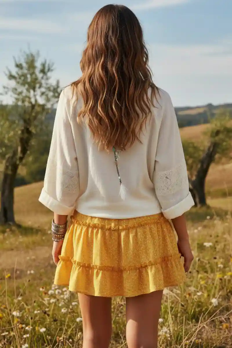 Boho Yellow Ruffle Mini Skirt