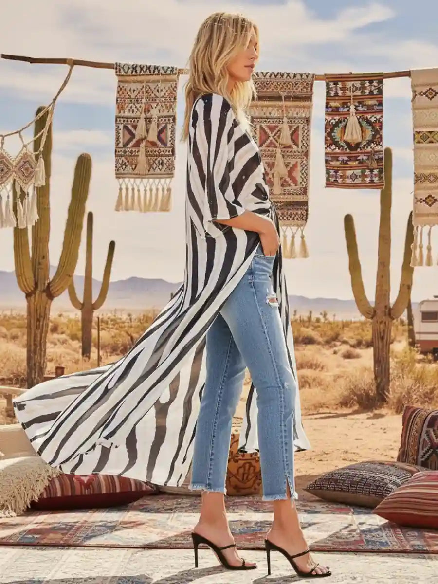 Boho Zebra Print Beach Kimono Dress