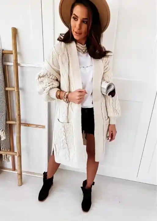 Boho long white cardigan with relief pattern