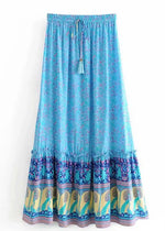 Boho maxi Skirt in Blue Peacock floral patterned