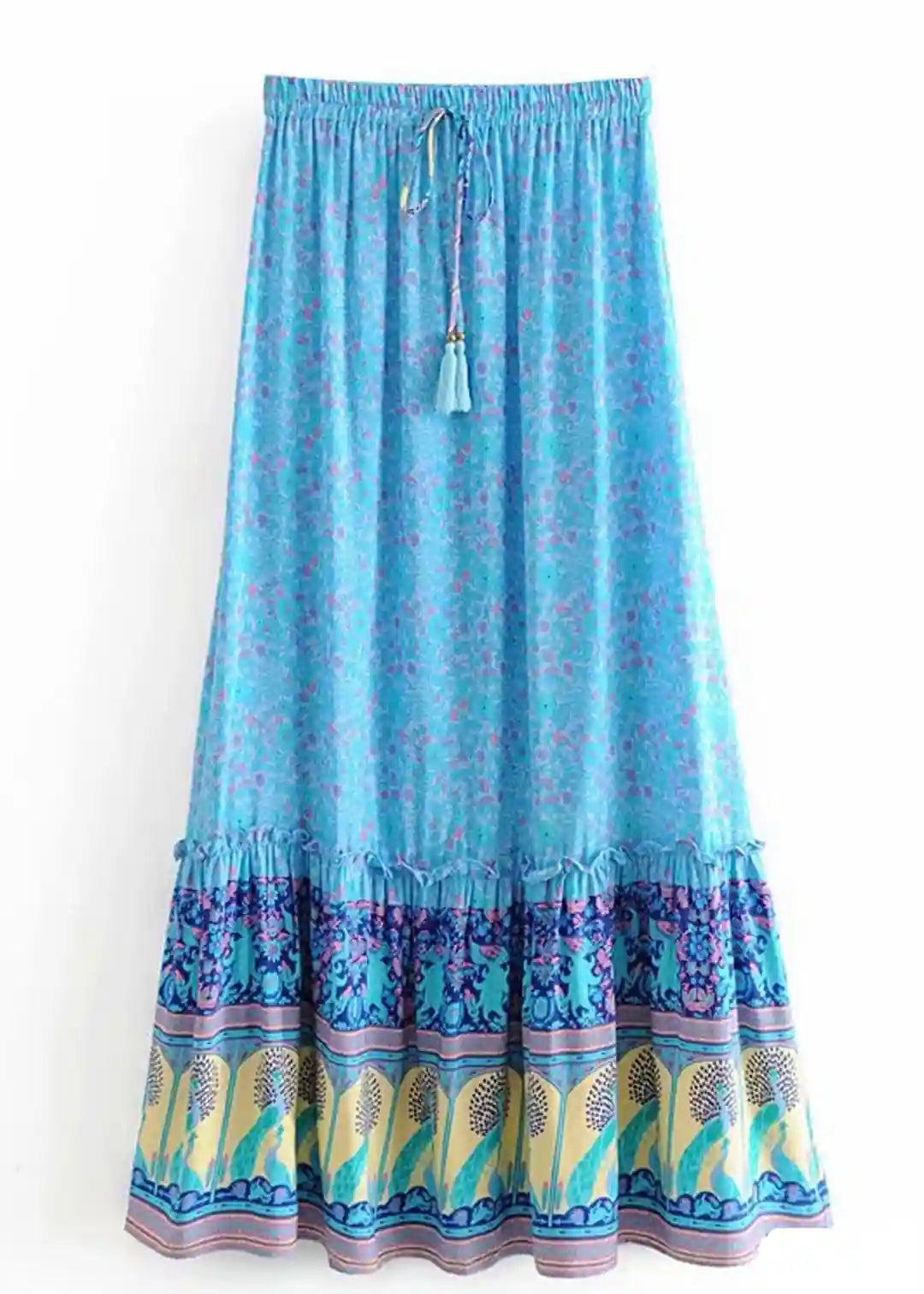 Boho maxi Skirt in Blue Peacock floral patterned