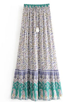 Boho maxi Skirt with purple and green floral pattern