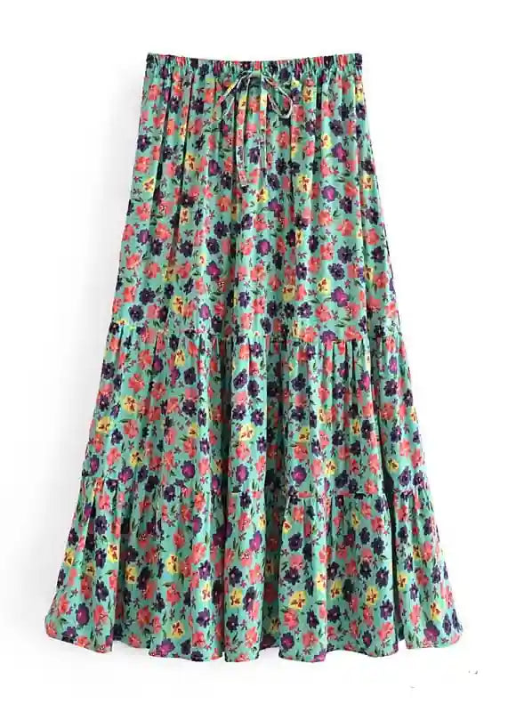 Boho maxi skirt in flower Camila in green