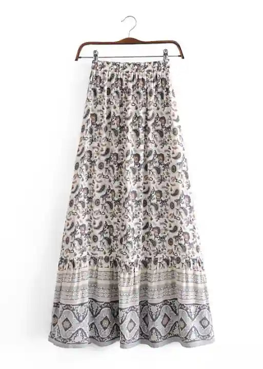Boho maxi skirts with pattern, pompom cord