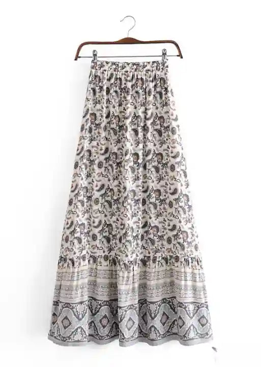 Boho maxi skirts with pattern, pompom cord