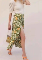 Boho mid-length Green Boho skirt with slit leaf pattern