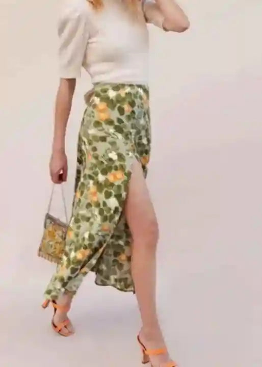 Boho mid-length Green Boho skirt with slit leaf pattern