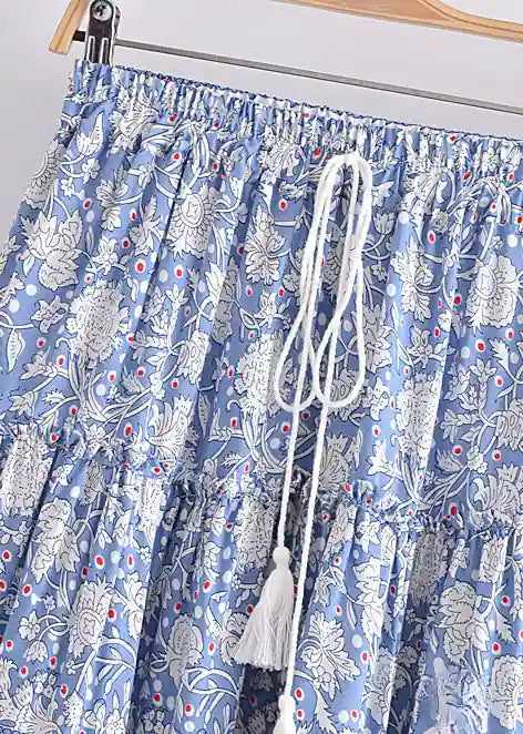 Boho mini wrap skirt, sky blue floral pattern with pompom