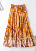 Boho ruffled maxi Skirt in yellow orange with floral print