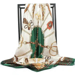 Boho white Scarf vintage printed green chain pattern