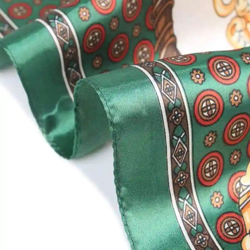 Boho white Scarf vintage printed green chain pattern