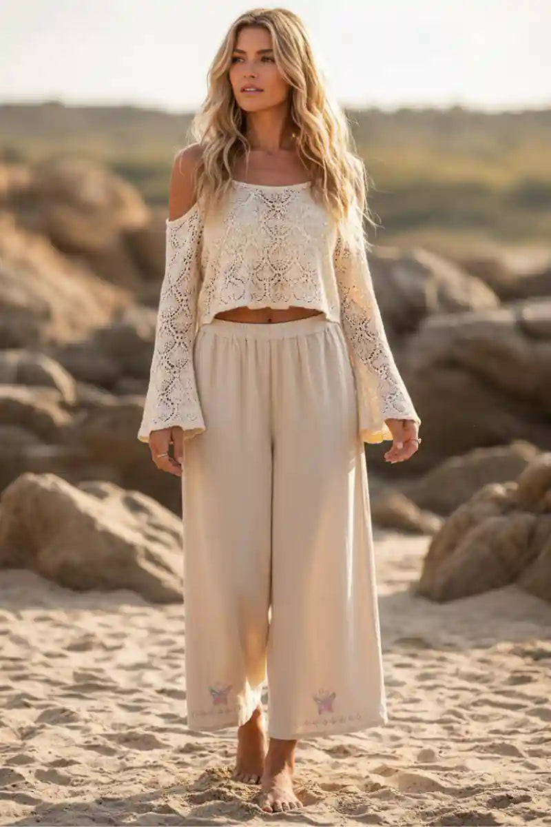 Butterfly Embroidery Boho Wide Leg Pants