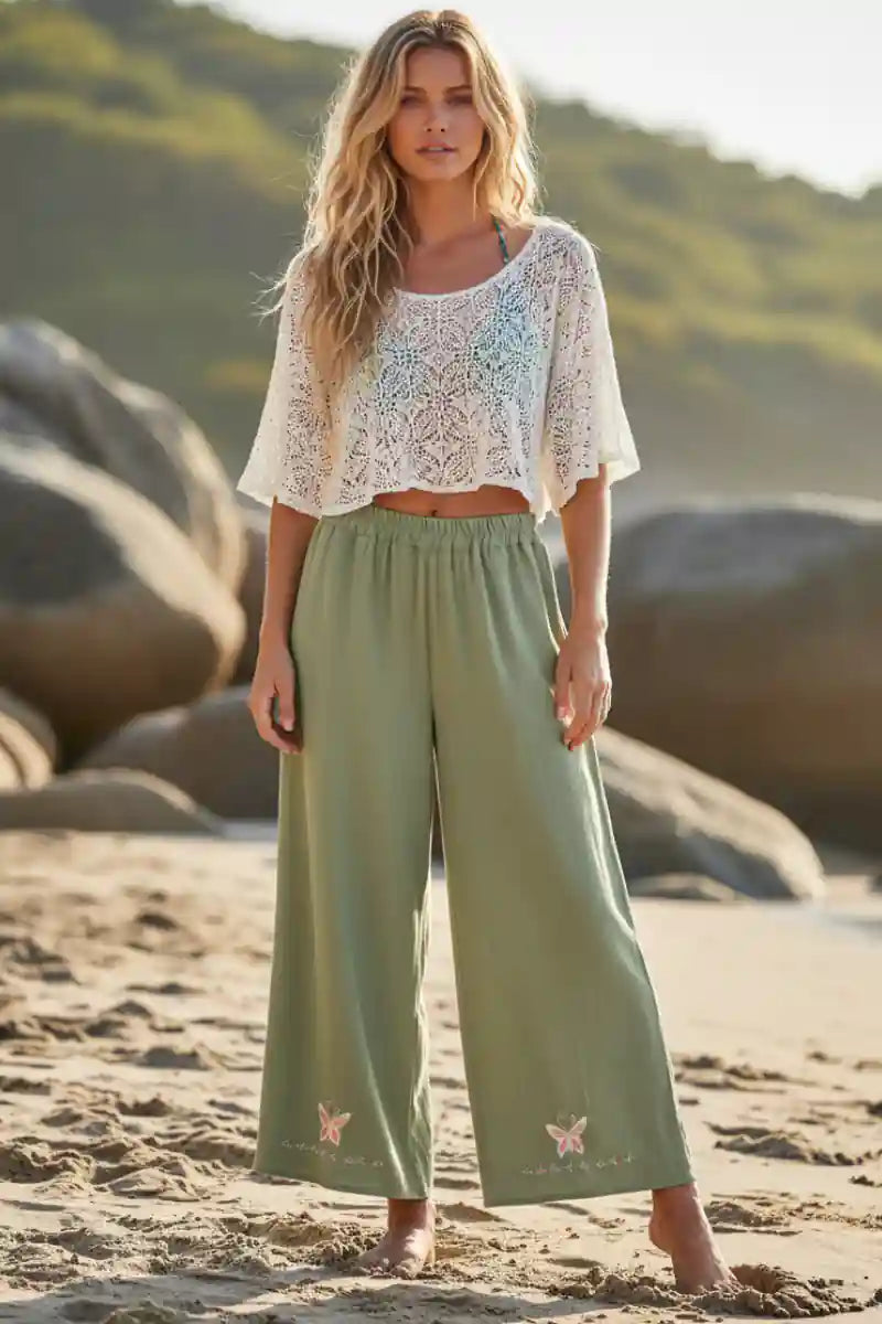 Butterfly Embroidery Boho Wide Leg Pants
