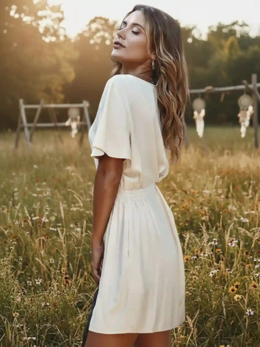 Button through Boho Mini Dress in White