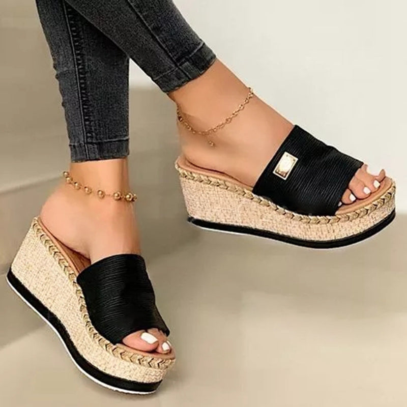 Boho Black Wedge Mules