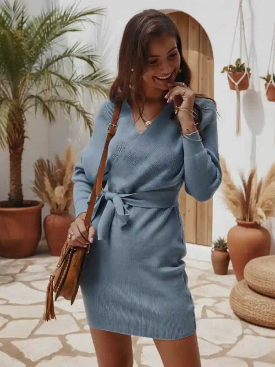 Chic Light Blue Knit Wrap Mini Dress