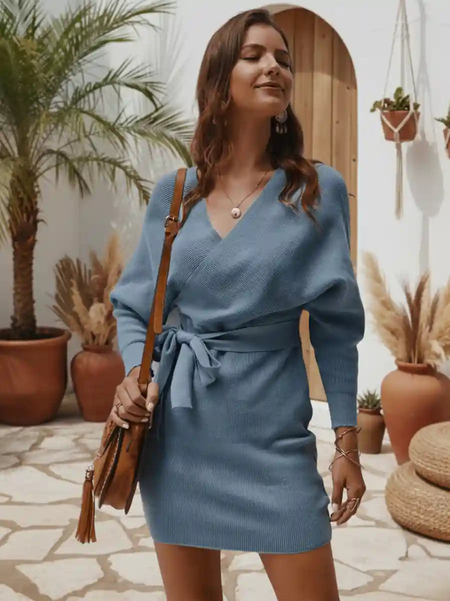 Chic Light Blue Knit Wrap Mini Dress