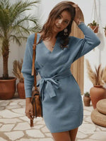 Chic Light Blue Knit Wrap Mini Dress