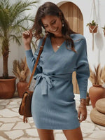 Chic Light Blue Knit Wrap Mini Dress
