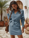 Chic Light Blue Knit Wrap Mini Dress