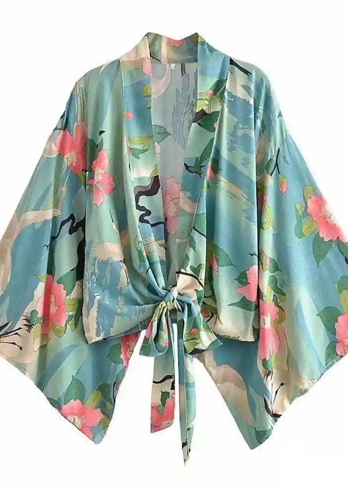 Cropped Boho Kimono Green Floral