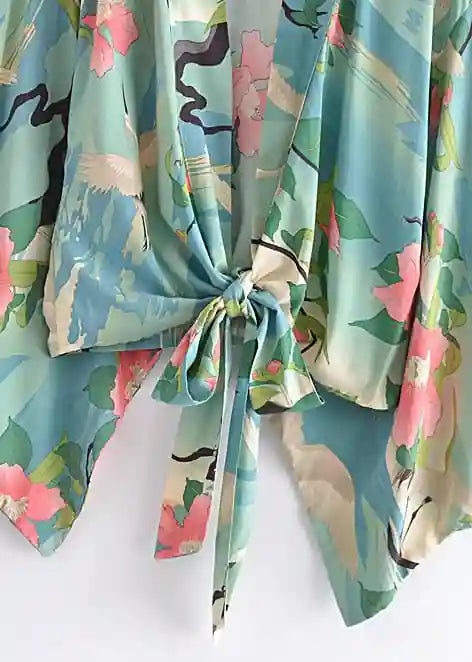 Cropped Boho Kimono Green Floral