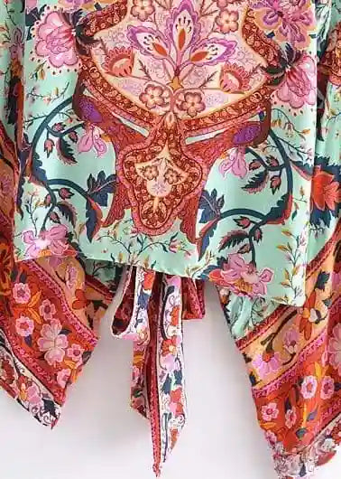 Cropped Boho Kimono Green Floral Sash Tie