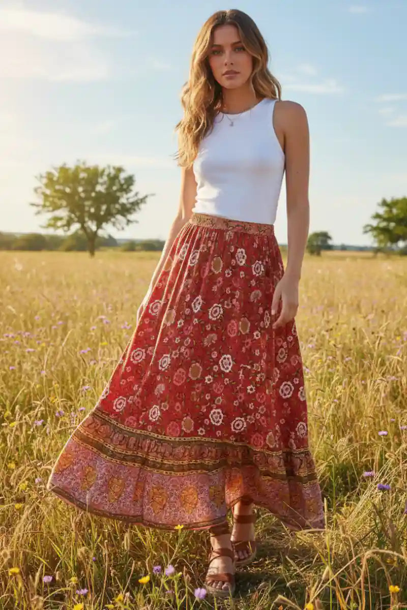 Elastic Waist A-Line Boho Maxi Skirt