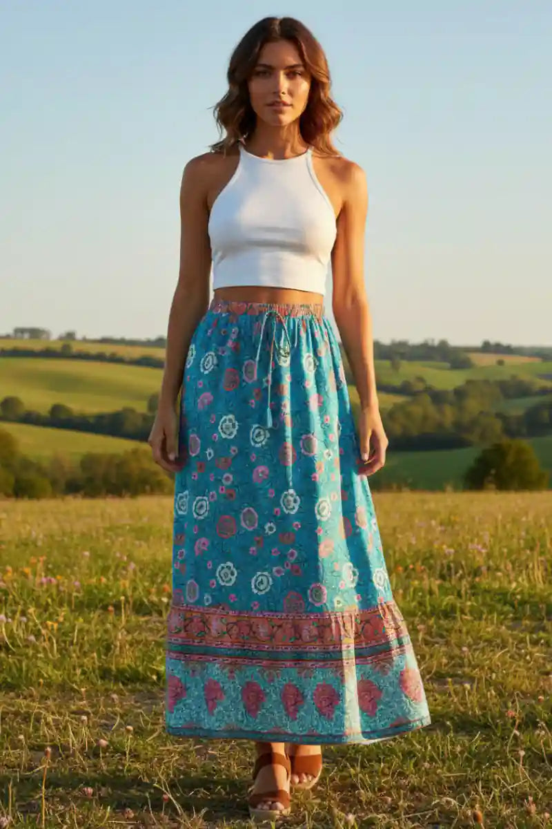 Elastic Waist A-Line Boho Maxi Skirt