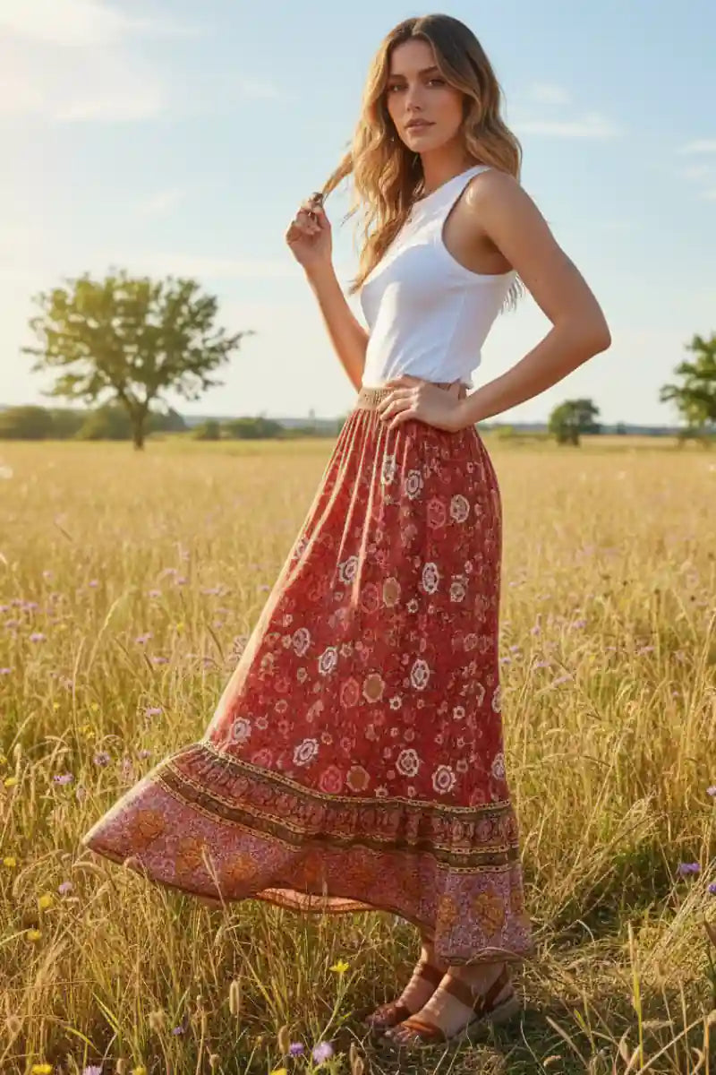 Elastic Waist A-Line Boho Maxi Skirt