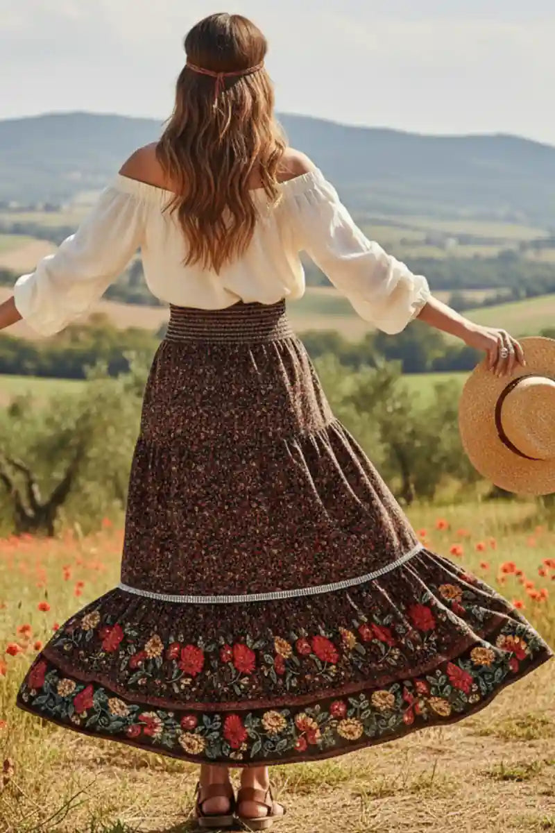 Elastic Waist Boho Maxi Skirt