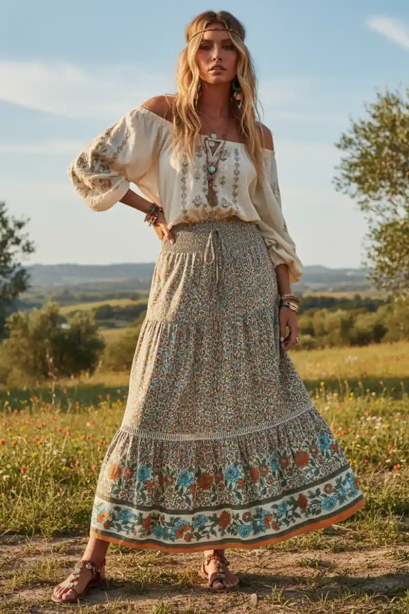 Elastic Waist Boho Maxi Skirt