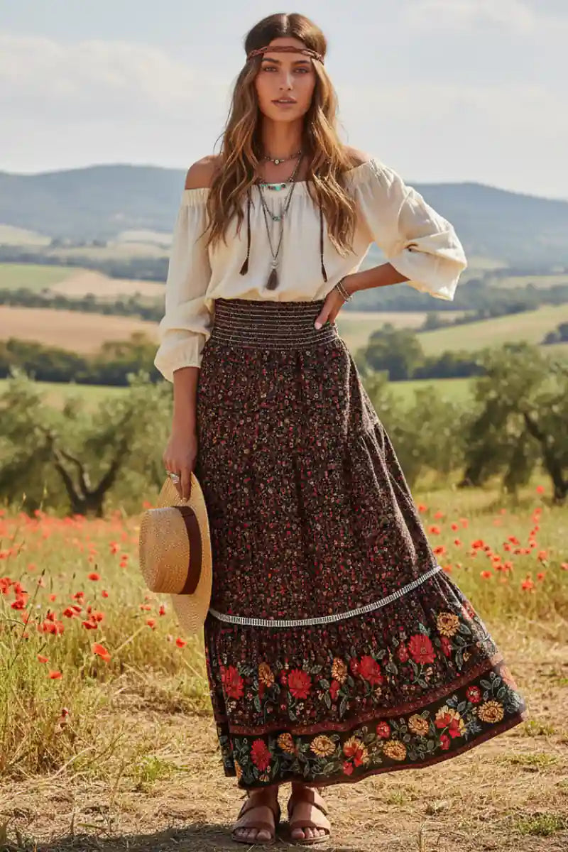 Elastic Waist Boho Maxi Skirt