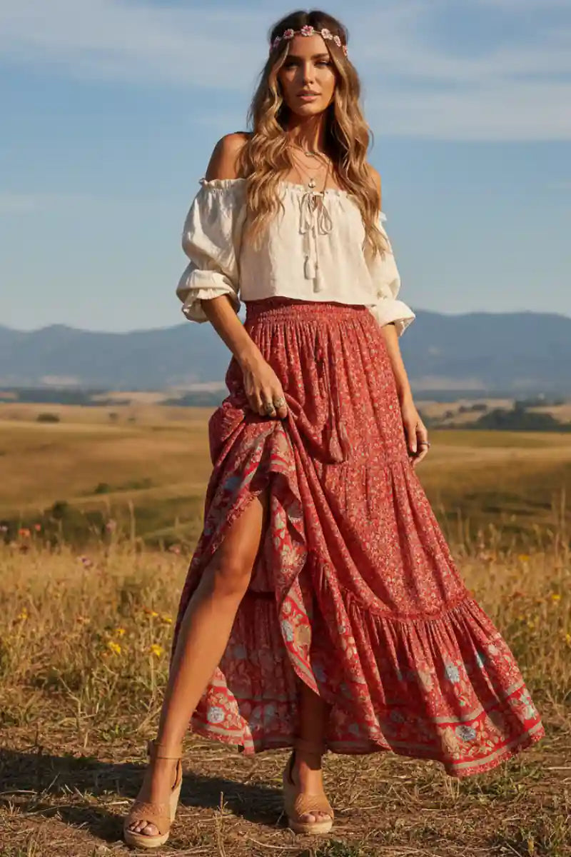 Elastic Waist Boho Maxi Skirt