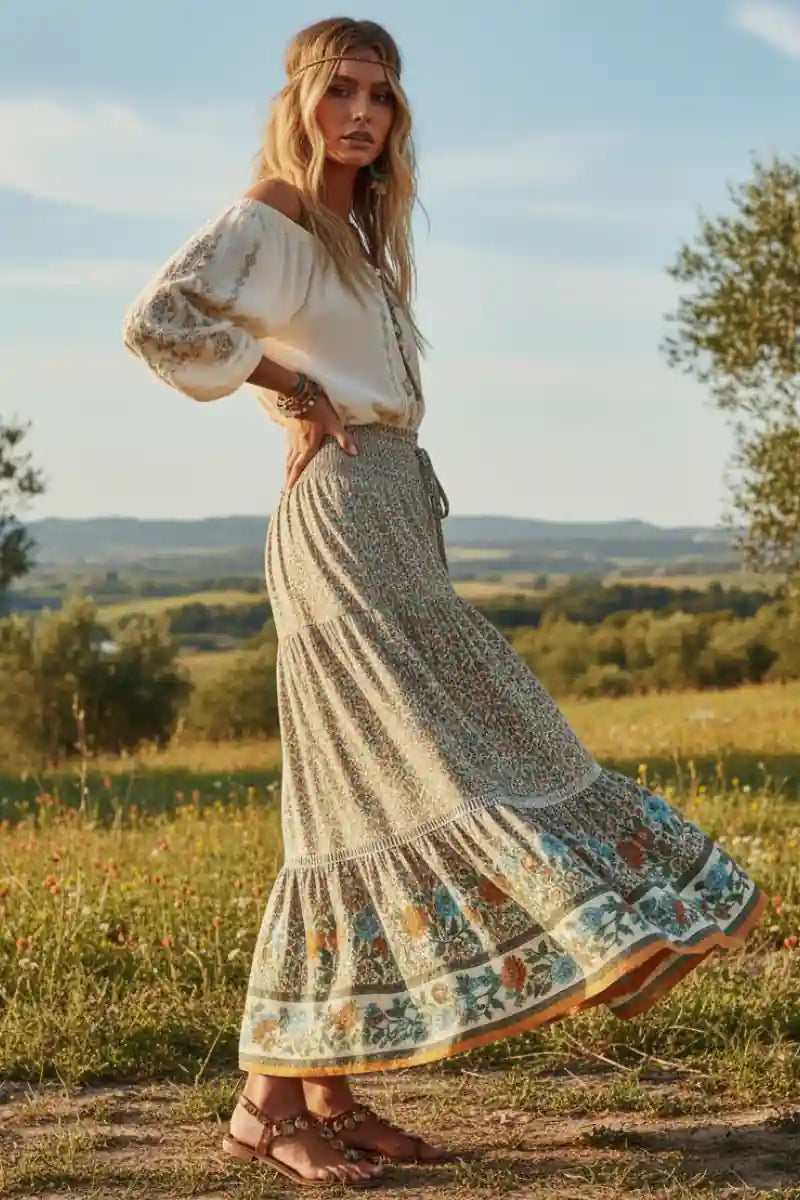 Elastic Waist Boho Maxi Skirt