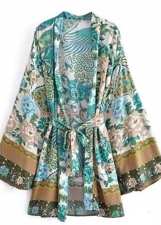 Elegant Blue Boho Floral Kimono Peacock Print