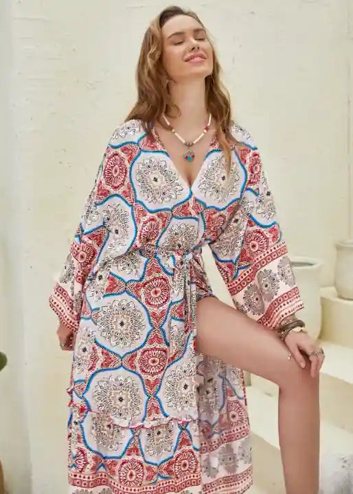 Elegant Boho Flared Kimono Tribal Print