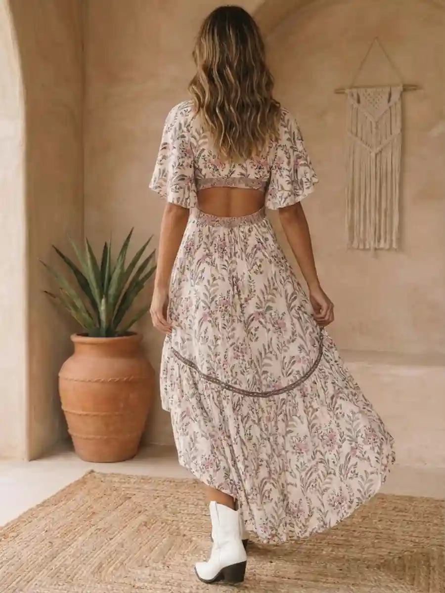 Floral Boho Maxi Dress with Deep V-Neck | Boho Mood Bobo Mood Floral Boho Maxi Dress with Deep V-Neck | Boho Mood Bobo Mood