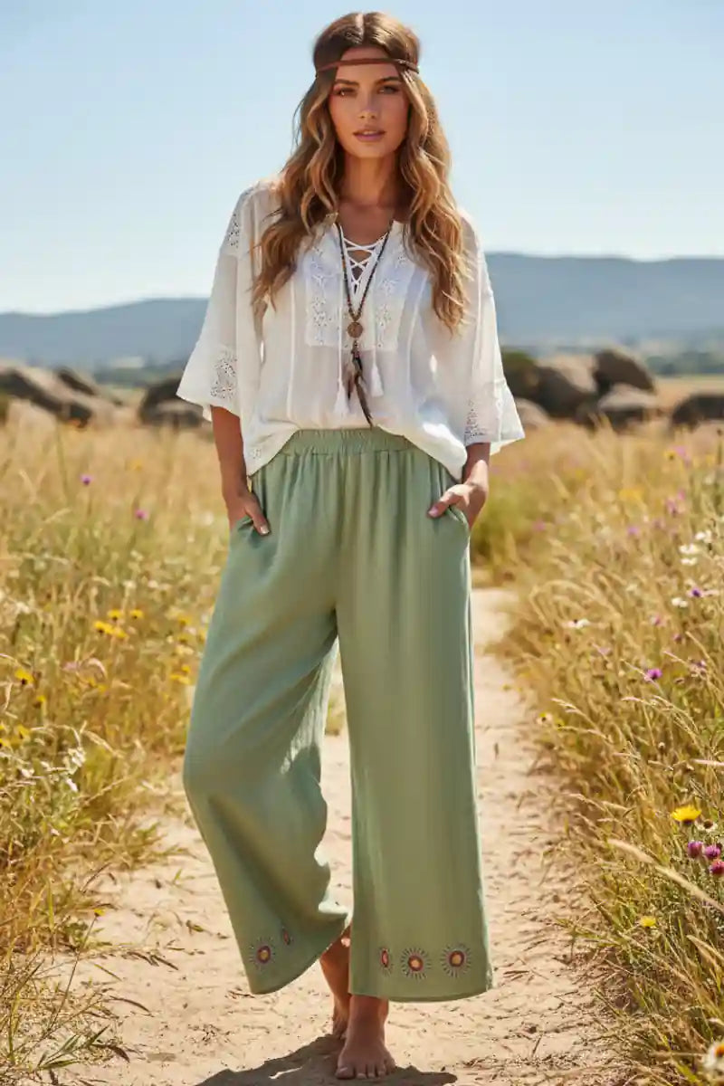 Floral Embroidery Boho Wide Leg Pants