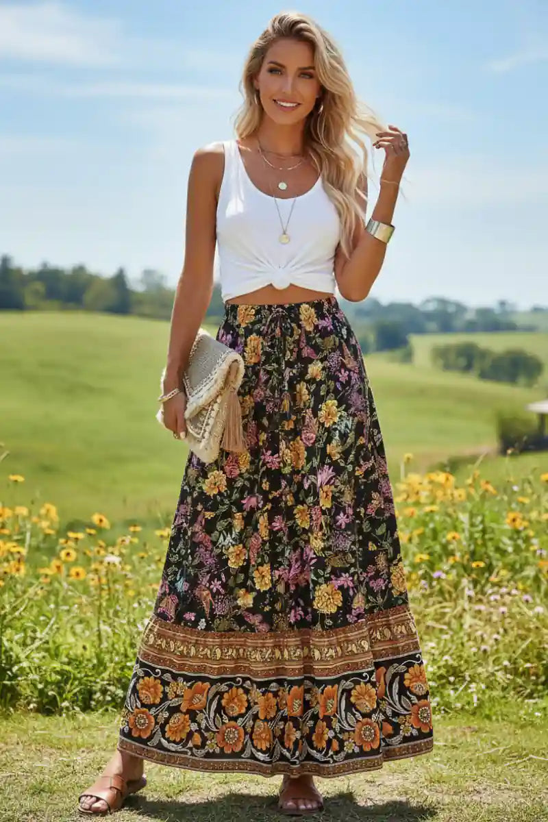 Floral Print Bohemian Maxi Skirt