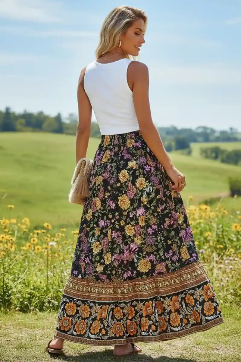 Floral Print Bohemian Maxi Skirt