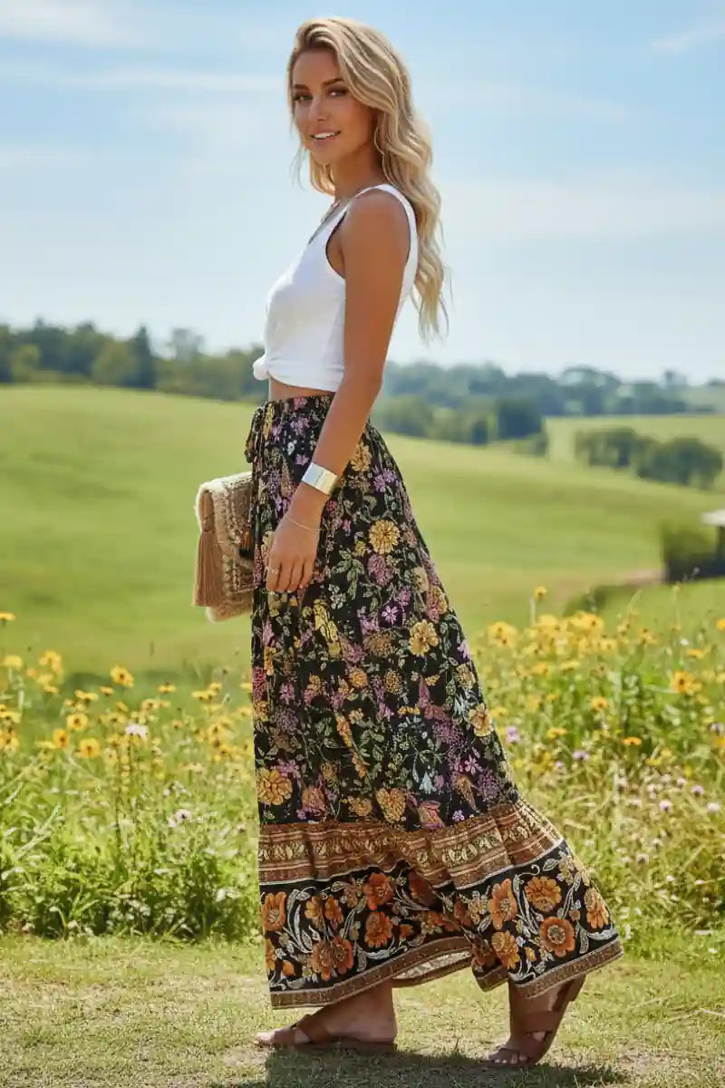 Floral Print Bohemian Maxi Skirt