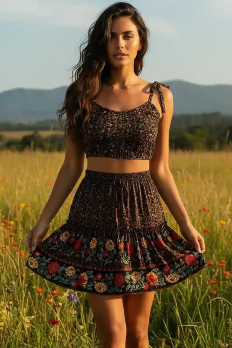 Floral Print Bohemian Two Piece Skirt