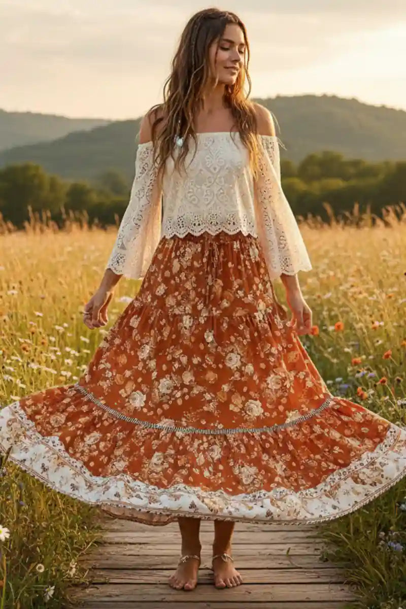Floral Print Summer Boho Maxi Skirt