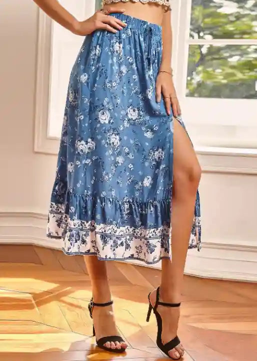 Floral midi skirt with slit and stretch waist