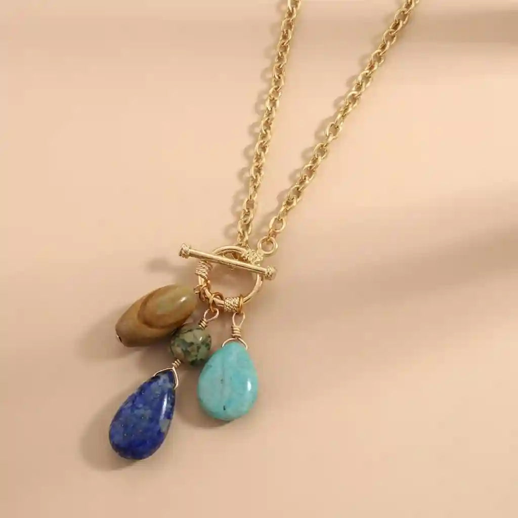 Gold Boho Necklace - Amazonite and Lapis Pendant