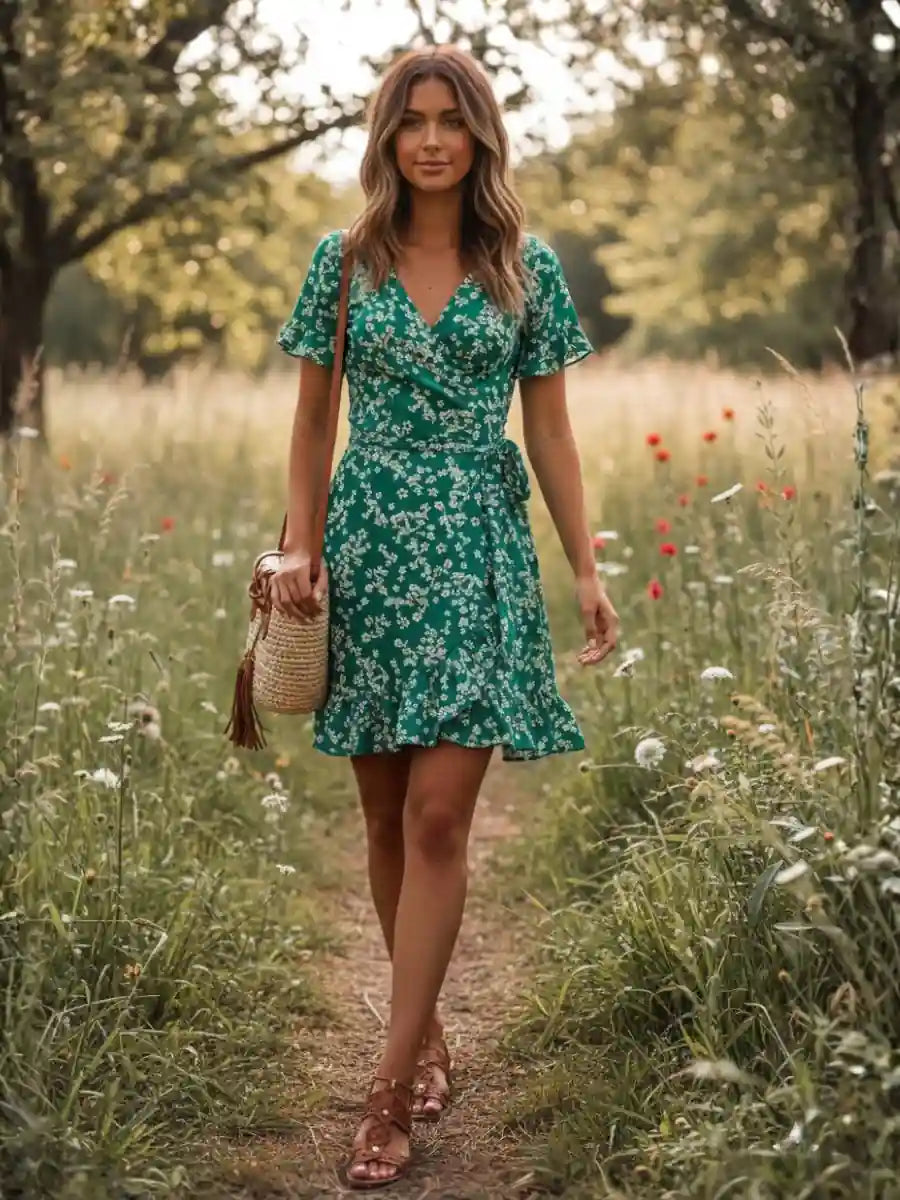 Green Boho Flower Print Mini Dress