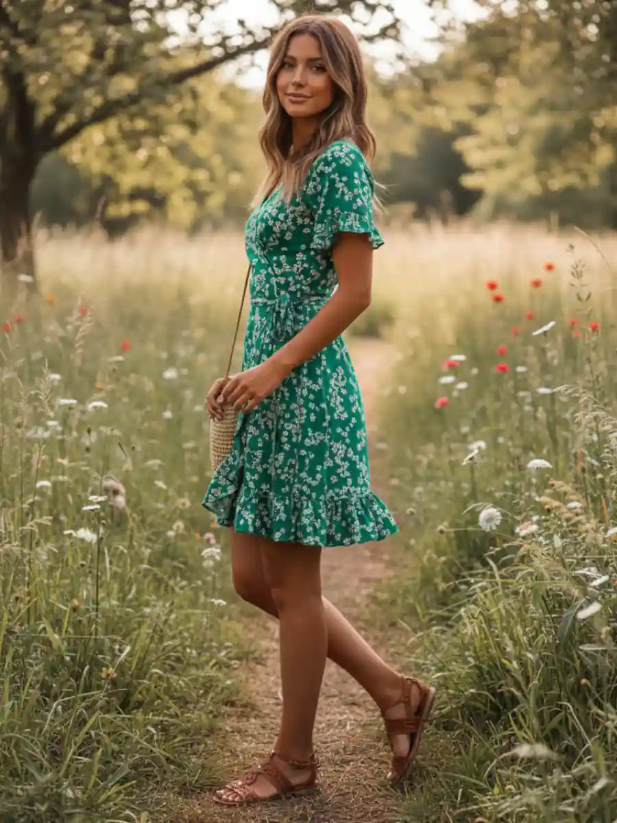 Green Boho Flower Print Mini Dress