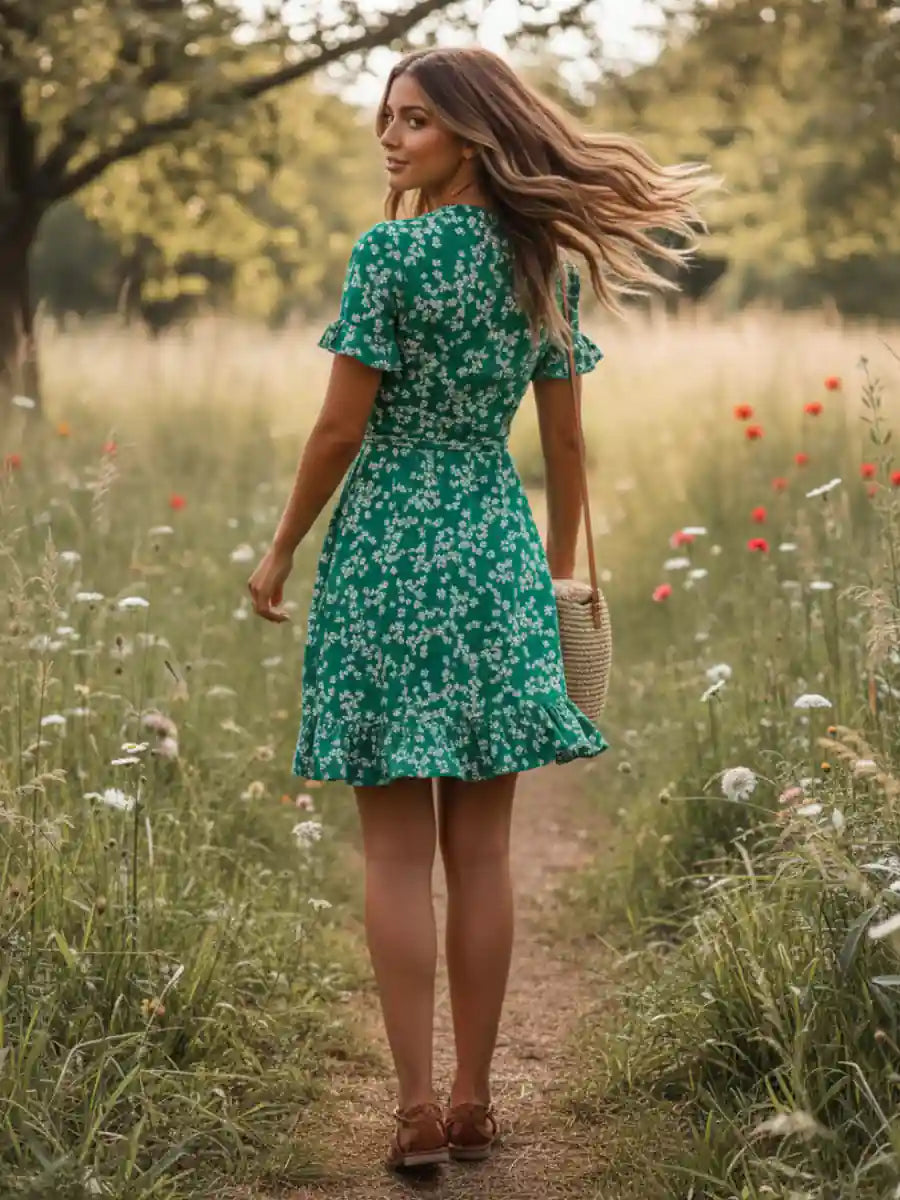 Green Boho Flower Print Mini Dress